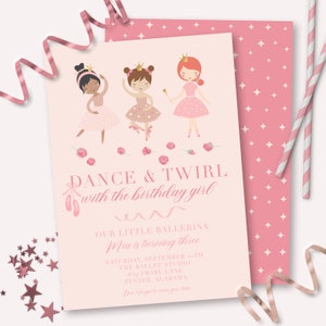 Invitation d’anniversaire ballerine - Danse imprimable &Twirl Ballet 1er anniversaire Party Invite - Décoration Tutu roses roses personnalisable - 0078