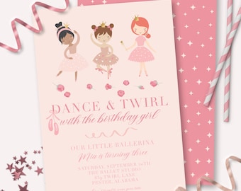 May include: A pink birthday invitation featuring three cartoon ballerinas, the text reads "DANCE & TWIRL with the birthday girl", and event details. Includes a matching envelope, pink star pattern, and decorative straws.