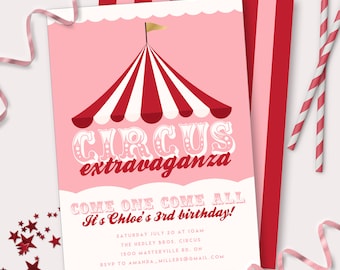 Circus Themed Birthday Party Invitation - Printable Pink Carnival Invite - Customizable Under the big top Fair Party Instant Download - 0096