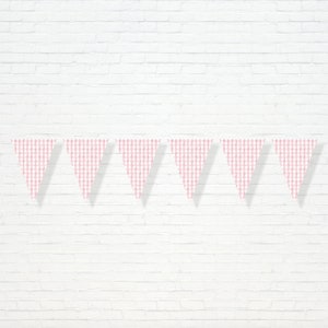 May include: A pink and white gingham bunting with seven triangular flags.