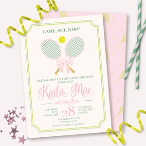 Tennis Baby Shower Invitation - Printable Preppy Tennis Racket Party Invite - Ready, Set, Baby Tennis Ball Racquet Sports Theme Decor - 0115