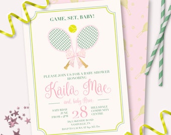 Tennis Baby Shower Invitation - Printable Preppy Tennis Racket Party Invite - Ready, Set, Baby Tennis Ball Racquet Sports Theme Decor - 0115