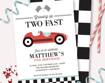 May include: A birthday invitation with a red race car graphic and the text "Growing up TWO FAST." The invitation includes details for Matthew's 2nd birthday, with a black and white checkered pattern.