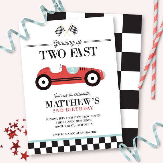 Growing Two Fast Birthday Invitations Racing Cars Party 