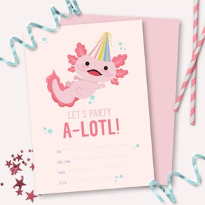 アホロートルの誕生日招待状 - 印刷可能なかわいいピンクのアホロートルのサンショウウオの誕生日パーティー招待状 - 記入してください 水中の珍しい女の子のパーティー - 0134