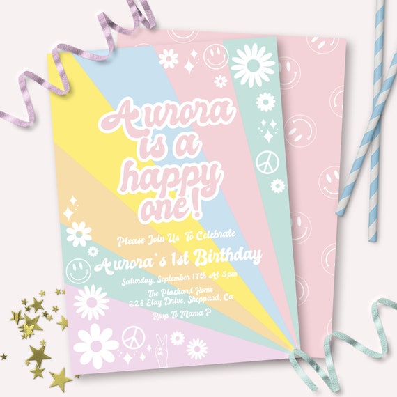 Smiley Face Invitation - Printable Boho Daisies Happy One Birthday Party Invite - Customizable Hippie 60's 70 Festival Shower - 0046 Il_570xn