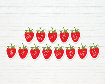 Strawberry Happy Birthday Banner - Printable Berry Sweet One Happy Birthday 1st Bunting - Pink Berry First Strawberry Party Decor - 0013