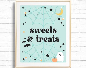 Halloween Sweets & Treats Sign - Printable mint Halloween Boy Birthday Party Candy Table Decor - Spooktacular Cute Ghost Art Print - 0049