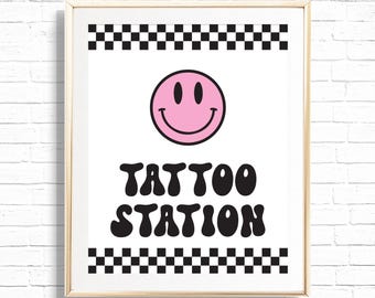 Tattoo Station Sign - Printable One Happy Girl Kids Craft Activity Birthday Party Decor - Smile Happy Face Hippie 90's Art Print - 0111