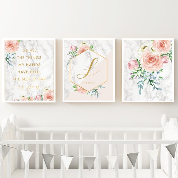 Marble, Blush & Gold Nursery Art Print Set - Printable Personalized Set of 3 Wall Decor - Monogram Baby Shower Gift -Instant Download - MND1