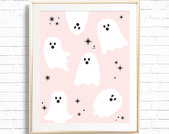 Ghost Pattern Print - Printable Pink Halloween Girl Birthday Party Gift Table Decor - Spooktacular Cute Ghost with bow Art Print - 0049
