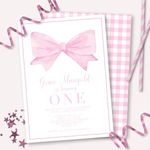Pink Bow Invitation - Printable Watercolor Pink Bow and Gingham First Birthday Party Invite - Customizable Girl Baby Shower - 0112