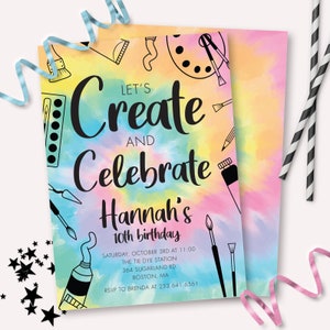Art Party Invitation - Printable Tie Dye Art Invitation Art and Craft Birthday Party Invitation - Customizable Let&#39;s Create Painting - 0138