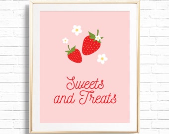 Strawberry Sweets & Treats Sign - Printable Strawberry Daisy Berry First 1st Birthday Party Treat Table Decor - Two Sweet Art Print - 0013