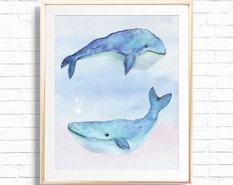 Oceans Blue Watercolor Whales Nursery Art Print - Printable Under The Sea Whales Home Decor - Playroom Wall Art