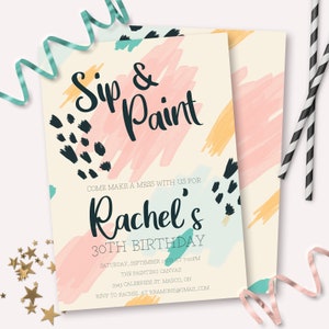 Invitación de cumpleaños para fiesta de arte - Invitación imprimible para artistas de pintura y bebida - Decoración personalizable para fiestas de arte - Descarga instantánea - 0056