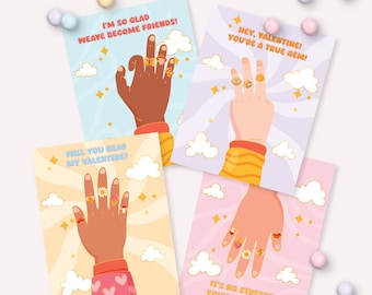 Bracelet Valentine Cards - Printable Friendship bracelet Costume ring School Classroom Favor Tag - Girls Valentine's Day Gift Basket - 0176
