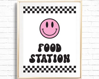 Food Station Sign - Printable One Happy Girl Food Table Birthday Party Decor - Smile Happy Face Hippie 90's Art Print - 0111
