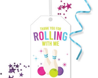 Bowling Favor Tags - Printable Thank you for rolling Birthday Party gift tag - Neon Strike Up Some Fun - Glow in the dark - 0154