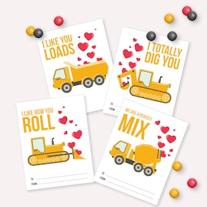Bouwvrachtwagens met hartjes Valentijnsdagkaarten - Afdrukbare bouwvoertuigen Jongensklas Valentijnscadeau - - Cookie Card woordspelingen