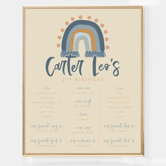 Blue Boho Rainbow 1st Birthday Party Milestone Poster - Printable Birth Stats Boy Rainbow Memory Sign - First Birthday Party Decor - 0002 Il_570xn