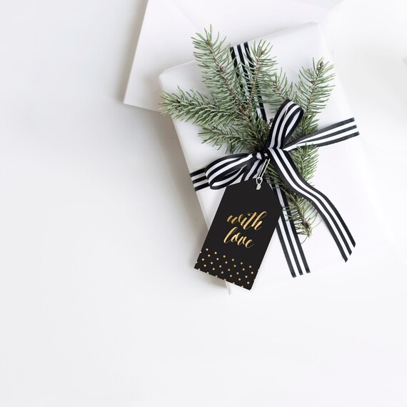 Heart & Stripes Tags - Printable Christmas Glam Gold Favour Gift Tags - Black and Gold Party Decor - Instant Download - GGC1 Il_570xn