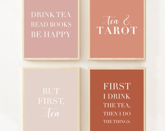 Boho Tea Art Print Set - Printable Pink and Brown Tea Kitchen Quotes Home Decor - Tea Lover Inspirational Set - Gift For Her