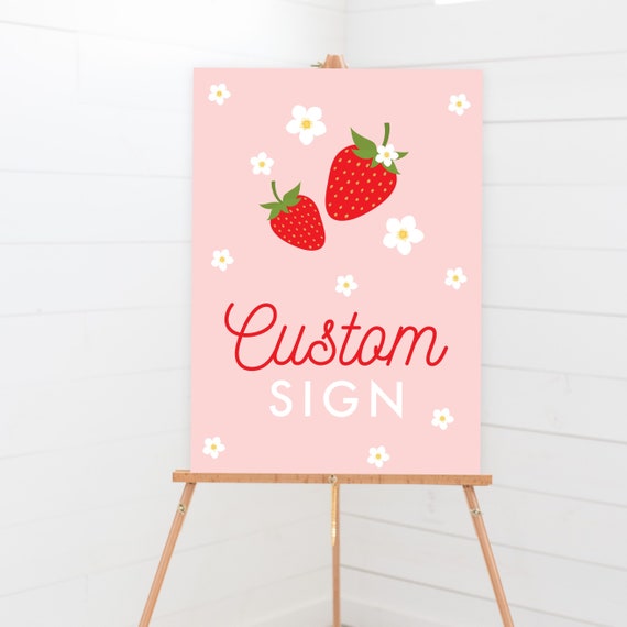 Strawberry Party Sign - Printable Berry First 1st Birthday Custom Welcome Decor - Personalized Pink Sweet Strawberry Daisy Art Print - 0013 Il_570xn