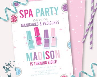 Spa Birthday Invitation - Printable Manicures Pedicure Nail Salon Party Invite - Tween Glam Pamper Slumber Sleepover Makeup Pink girl - 0175