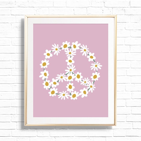 Purple Boho Daisy Peace Sign Art Print - Printable 8x10 Floral Daisies Spring Peace Symbol Easter Home Decor - Spring Wall Sign - APR2021 Il_570xn