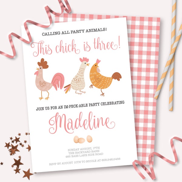 Invitation d’anniversaire de poulet - Boho Chick imprimable est trois invitations à une fête de basse-cour de pays - Décor vintage personnalisé de filles de ferme - 0120