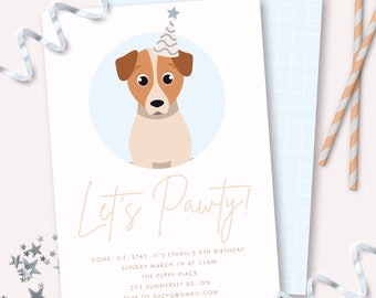 Invito per festa di compleanno a tema moderno "Cucciolo Pawty" - Invito stampabile per cagnolino "Let's Pawty" - Cane personalizzabile "Vieni, siediti, resta" - 0034