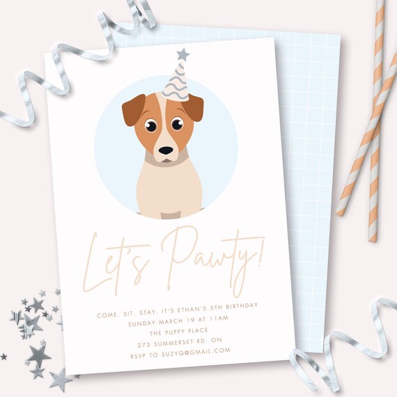 Modern Puppy Pawty Themed Birthday Party Invitation - Printable Let's Pawty Doggie Invite - Customizable Dog Come Sit Stay Instant Download Il_570xn