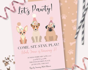 Invito di compleanno per cani - Invito stampabile Let's Pawty Puppy Pawty Doggie - Decorazione personalizzabile per feste di animali da rifugio - 0034