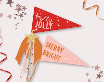 Christmas Pennant Flags - Printable Holly Jolly Merry & Bright Banner Flag Photo Prop - Boho Christmas Decor - DEC2020