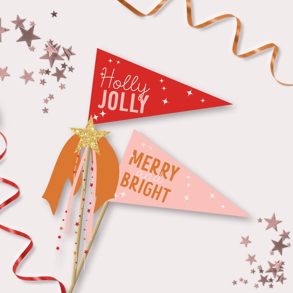 Christmas Pennant Flags - Printable Holly Jolly Merry & Bright Banner Flag Photo Prop - Boho Christmas Decor - DEC2020