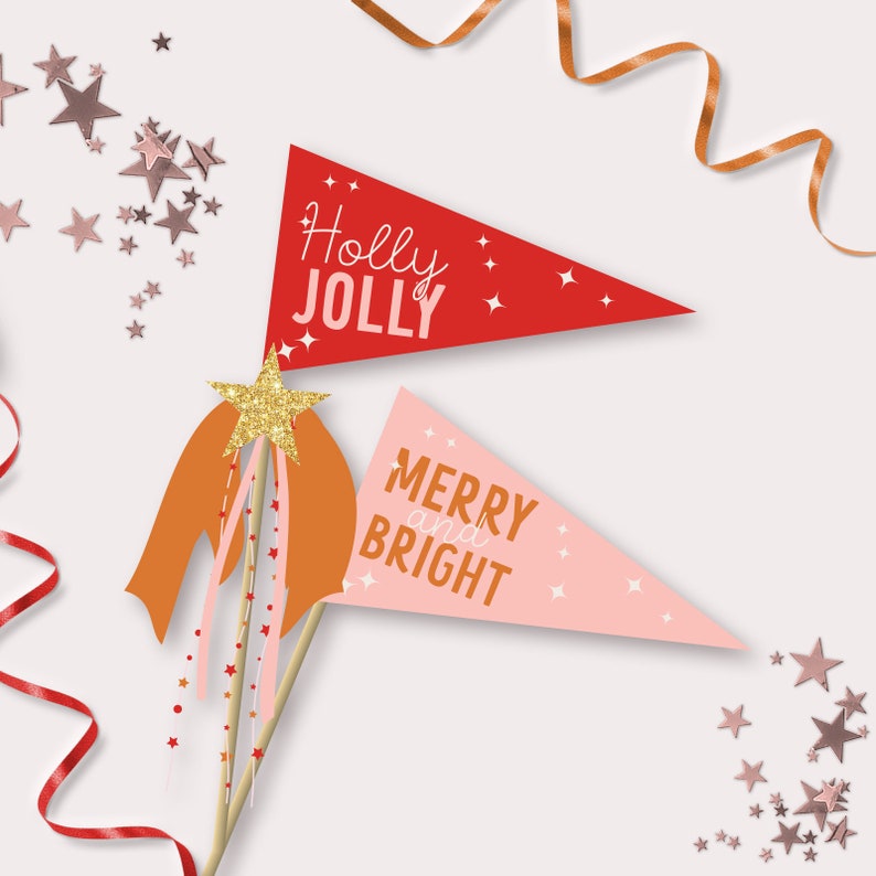 Christmas Pennant Flags Printable Holly Jolly Merry & Bright Banner Flag Photo Prop Boho Christmas Decor DEC2020 image 1