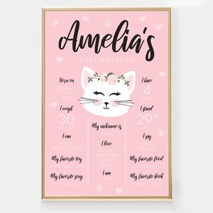 Pôster do marco da festa do primeiro aniversário do Kitty Cat - Gráfico de memória de estatísticas de nascimento do gatinho Meow personalizado para impressão - Decoração do primeiro aniversário - 0061