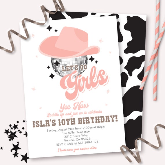 Disco Cowgirl Invitation - Printable Disco Ball Cowboy Hat Birthday Party Invite - Customizable Pink Space Let's Go Girls Decor - 0088 Il_570xn