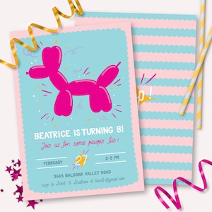 Balloon Dog Birthday Party Invitation - Printable Bright Pink Balloon Dog Invite - Customizable Balloon Dog Party Decor - Let&#39;s Pawty - 0090