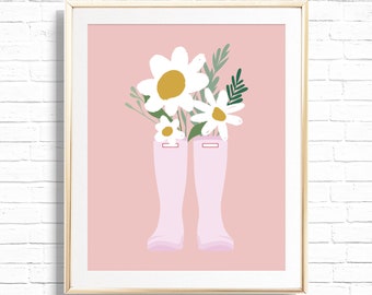 Rain Boots Print - Printable Daisies in Pink Wellie boots Art - Wellies 8x10 Spring Home Decor - Mother's Day Printable Wall Sign - MAY2021