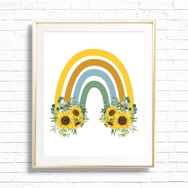 Sunflower Rainbow Print - Printable Sunflower Boho Rainbow Wall Art - Sunny Sunflower Girl Nursery Decor - Sunflower Kitchen Poster - 0047