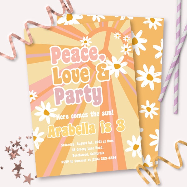 Hippie Flower Power Invitation - Printable Boho Daisies Peace, Love & Party Birthday Invite - Customizable 60's 70 Festival Shower - 0022