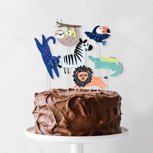 Jungle Cake Topper - Printable Safari Party Animals Cake Banner - Wild One Zoo Animals Birthday Party Decor - 0048