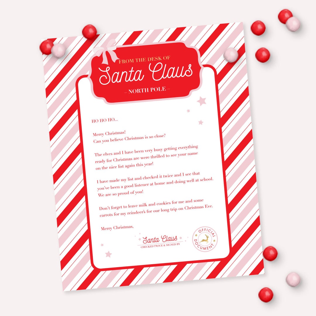 Letter From Santa - Printable 8x10 Classic Candy Cane Christmas Santa ...