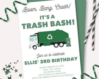 Garbage Truck Birthday Invitation - Printable Trash Bash First 1st Birthday Invite - Customizable Recycling Party Boy Decoration - 0082