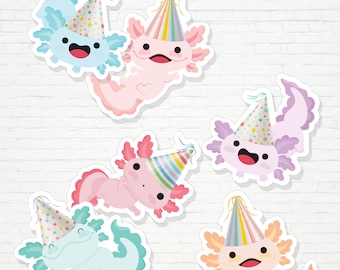 Recortes de ajolotes - Adorable ajolote rosa imprimible con gorros de fiesta - Decoración para fiesta de cumpleaños - Fiesta submarina personalizable para niña - 0134