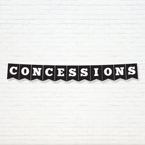May include: Black and white banner with the word "CONCESSIONS" in white letters.