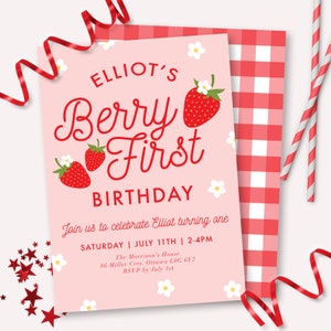 Strawberry Invitation - Printable Berry First 1st Birthday Party Invite - Customizable Strawberry Daisy Decor - Sweet One Theme - 0013