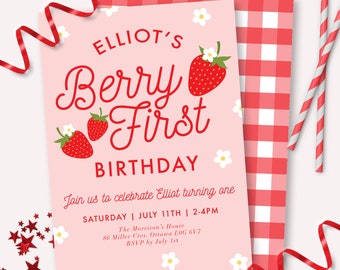 Strawberry Invitation - Printable Berry First 1st Birthday Party Invite - Customizable Strawberry Daisy Decor - Sweet One Theme - 0013